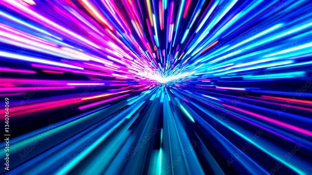 Poster pulsating light streaks in futuristic tunnel motion video. fast moving colorful data stream, glowing