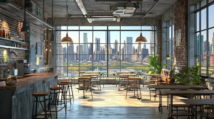 Fototapeta premium Industrial Office Design with Skyline View