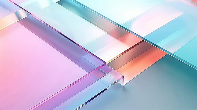 Abstract geometric background with transparent glass blocks made of plexiglass in pink and blue tones. Futuristic neon copyspace banner. Modern technologies. Horizontal banner for template design.