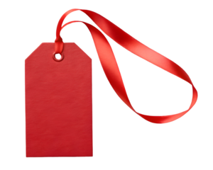 Red gift tag with red ribbon isolated on white.