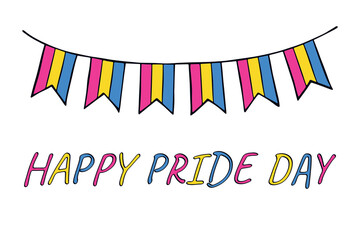 Colorful garland Pansexual pride flag Happy pride day LGBTQIA community Pride Month Vector hand drawn doodle for posters, stickers, logo, cards
