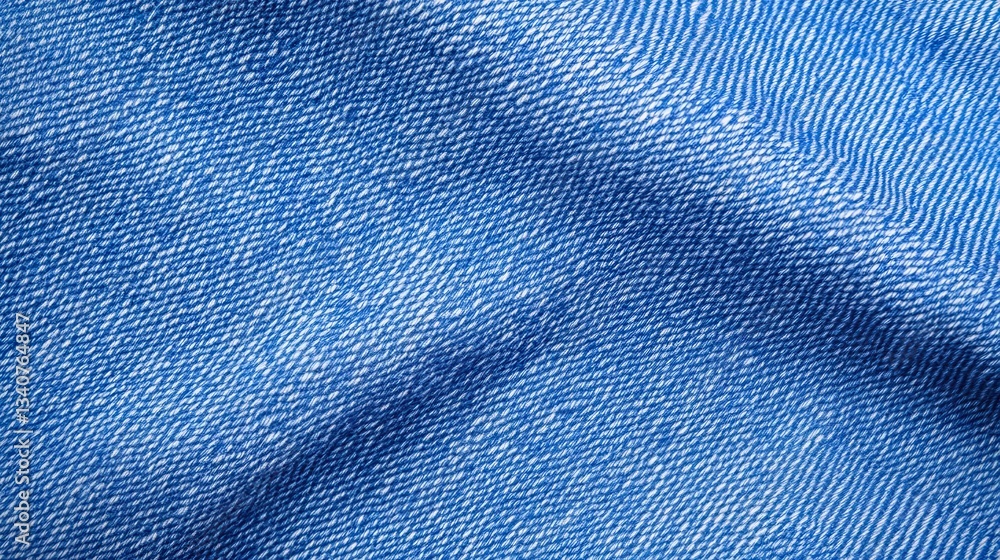 Poster close-up of textured blue denim fabric showcasing its unique weave and pattern, emphasizing the soft