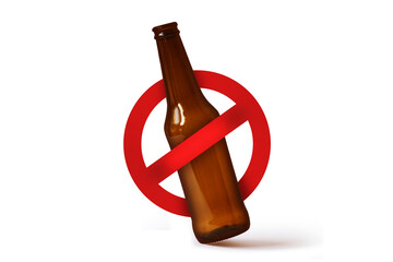 Beer bottle with prohibition sign on white background - Alcohol ban concept