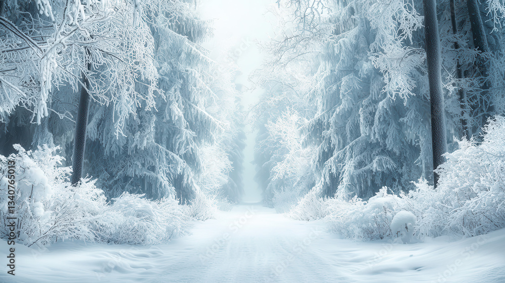Poster serene winter forest blanketed in snow, with frosted trees and snow covered path creating tranquil a