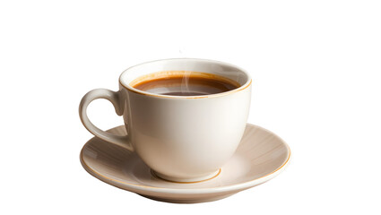 Steaming dark coffee in a white cup and saucer, white background