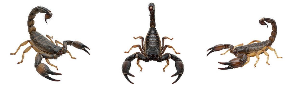 Three scorpions in different poses isolated against a  transparent background