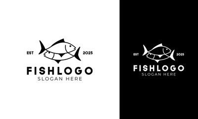 Two fish logo design. Symbol with classic style for restaurant. Seafood vector icon