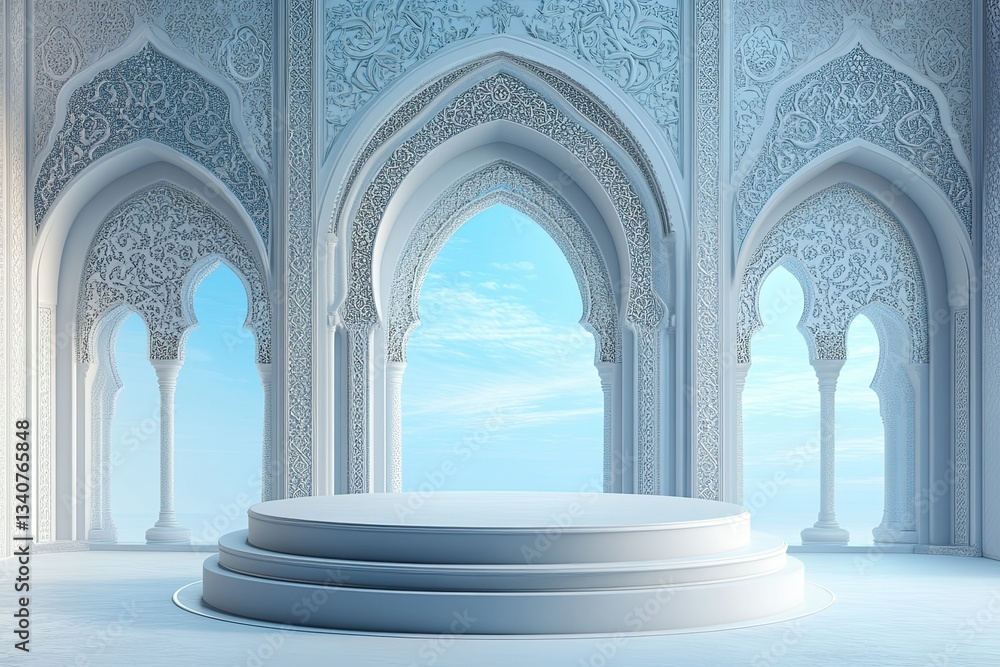 Poster elegant islamic architecture with platform and sky backdrop for product display