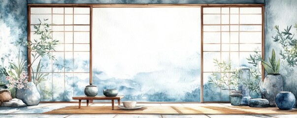 Japanese-inspired tea room, tatami mat, shoji screen, tranquil setting, watercolor style
