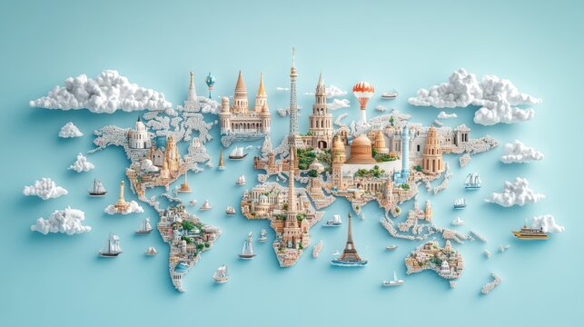 Fototapeta World Landmarks: A 3D Miniature Map of Global Travel Destinations