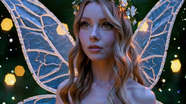 cinematic close-up of an ethereal fairy standing in an enchanted forest bathed in golden twilight. Her delicate, translucent butterfly wings shimmer in the soft glow of floating fireflies.  