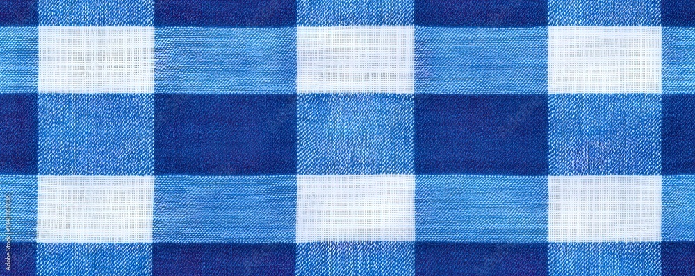 Poster a close-up view of a blue and white checkered fabric pattern, featuring alternating squares that cre