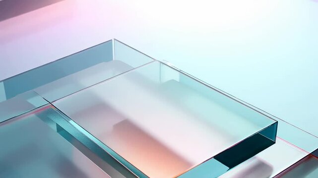 Abstract geometric background with transparent glass blocks made of plexiglass in pink and blue tones. Futuristic neon copyspace banner. Modern technologies. Horizontal banner for template design.