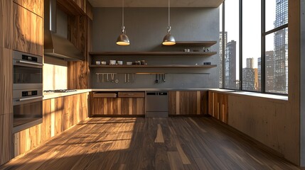 Fototapeta premium Modern Kitchen with Wood and City View