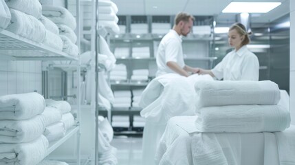 Obraz premium Professional hotel maids in uniforms performing cleaning and room service tasks.