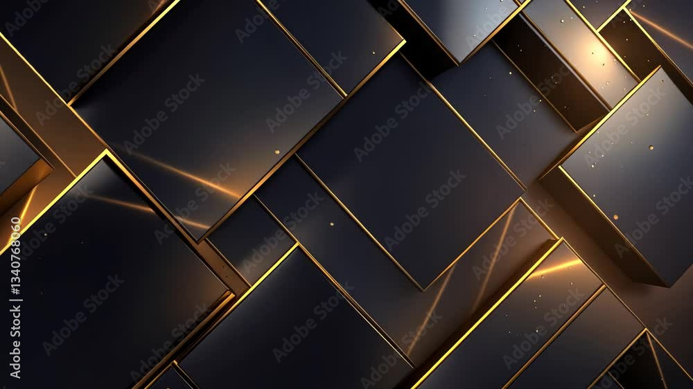 Poster abstract geometric pattern of overlapping squares in dark and light metallic tones. golden highlight
