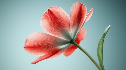 Fototapeta premium Coral Pink Tulip Blossom Delicately Stands Against Soft Blue Setting