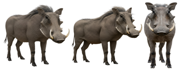Three warthogs posing with tusks on a plain isolated presentation transparent background