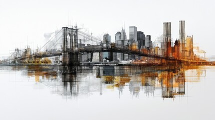 Fototapeta premium Artistic rendering depicts the Brooklyn Bridge and New York skyline
