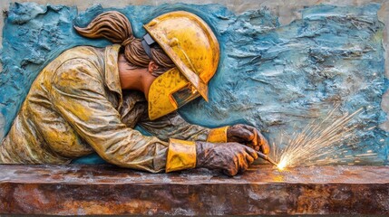 Skilled female welder performing welding work with sparks flying, wearing protective gear, showcasing dedication and craftsmanship in a creative industrial setting