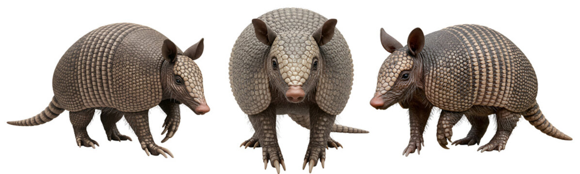Three armadillos standing in a row against a plain white surface transparent background
