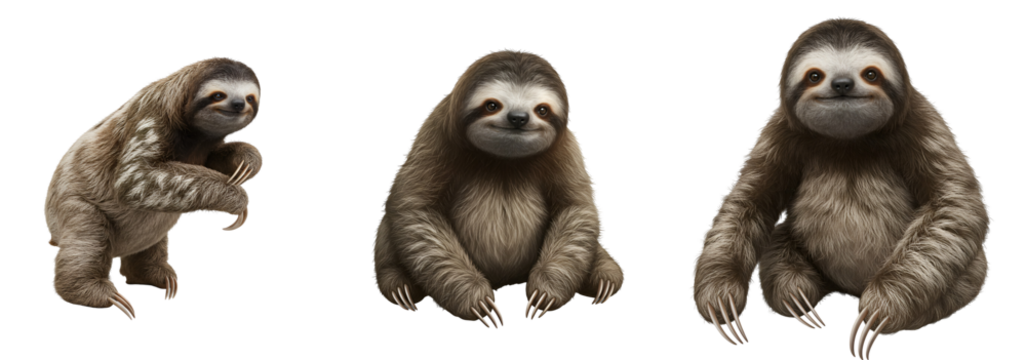 Three adorable sloths posing against a white solid color backdrop transparent background