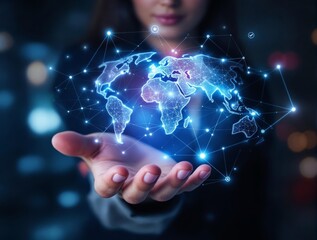 Businesswoman Holding Global Network Connection in Futuristic Cyber World