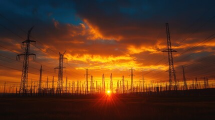 Fototapeta premium Majestic Sunset over Power Transmission Lines