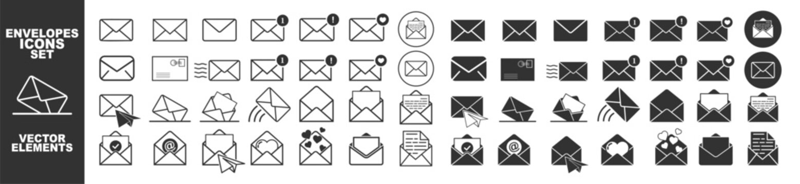Email envelope icon vector set isolated on transparent. Containing love letter, envelope, message, electronic mail. Send mail message line sign