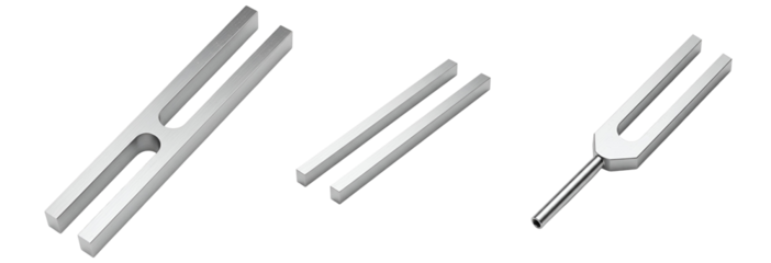 Three silver tuning forks and two metal bars on a smooth surface transparent background