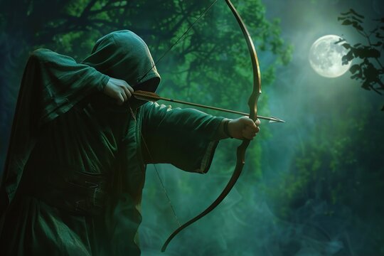 A hooded archer prepares to shoot an arrow in a mystical, foggy forest under the glow of a full moon. Target in Sight, Warrior’s Poise