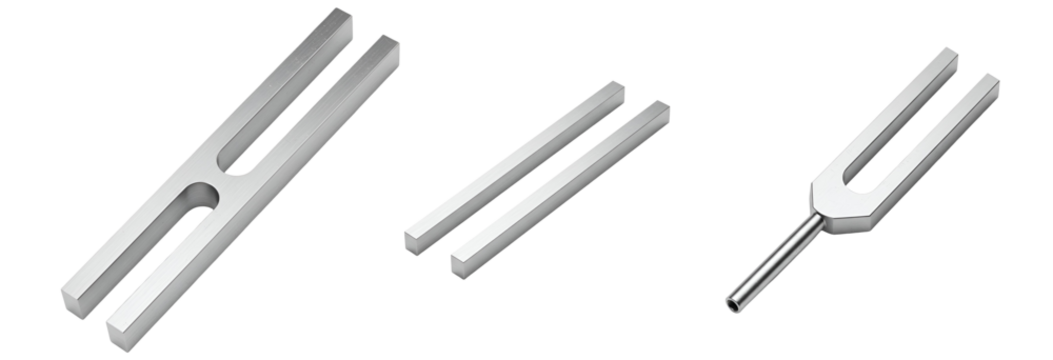 Three silver tuning forks and two metal bars on a smooth surface transparent background