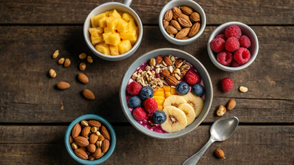 Overnight Oats with Fruits and Nuts, Healthy Breakfast Bowl on Wooden Table