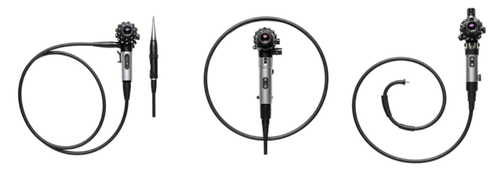 Three endoscopes with cables displayed against a plain backdrop transparent background