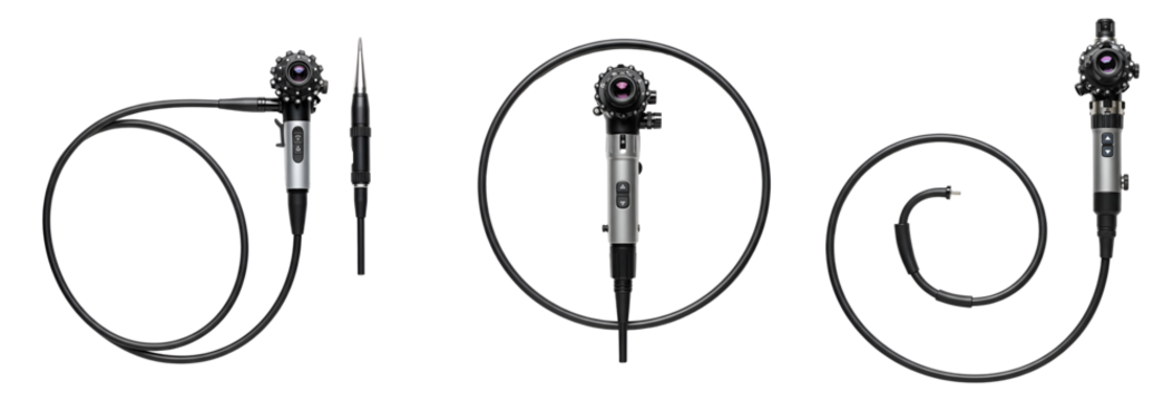 Three endoscopes with cables displayed against a plain backdrop transparent background - Powered by Adobe