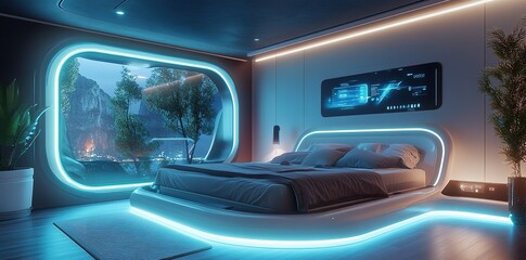 Fototapeta premium Futuristic bedroom interior showing a mountain view through oval window. Ai generative