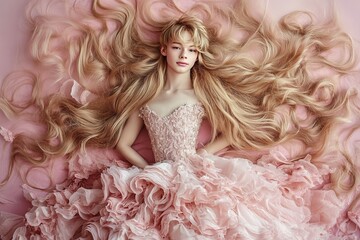 Fototapeta premium A LGBTQ , gender netural of an full body portrait shot of a teenage boy with wedding long hair women's wedding hair style and full makeup and light-skinned and likely of Caucasian 