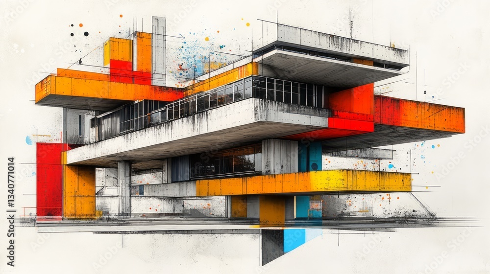 Poster abstract modern architecture building with colorful accents and artistic flair