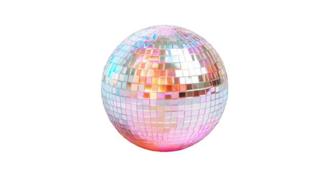 Rotating disco ball reflecting colorful lights on transparent background