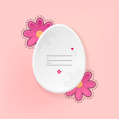 Greeting card with spring holiday Easter. White egg and flowers on pink background. Also suitable for Valentine's Day. Vector illustration.