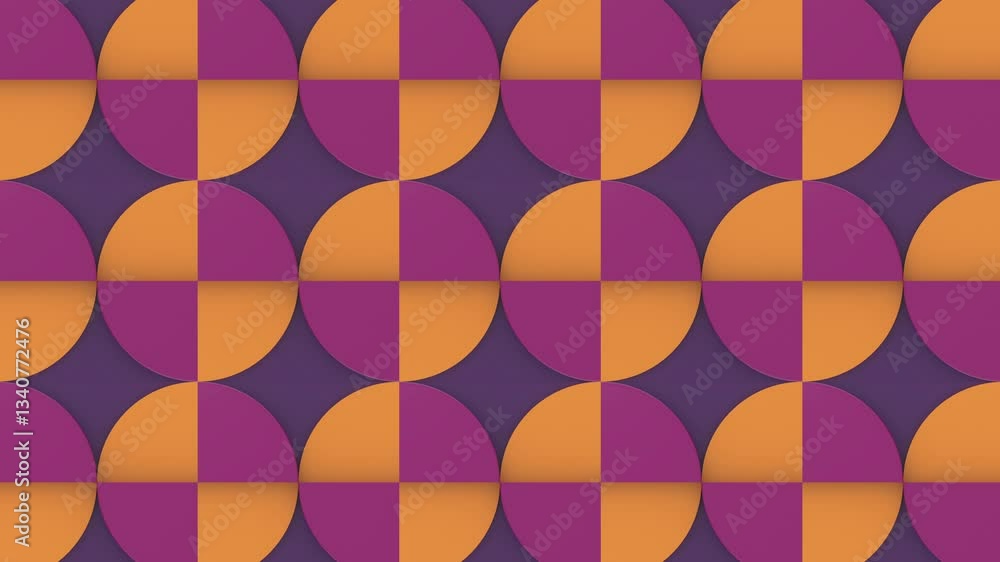 Aufkleber Loop animation of an abstract geometric pattern in an op-art style. Composition consists of rotating semicircles with contrasting shades of deep purple and warm orange. Optical illusion. 3d render 4K