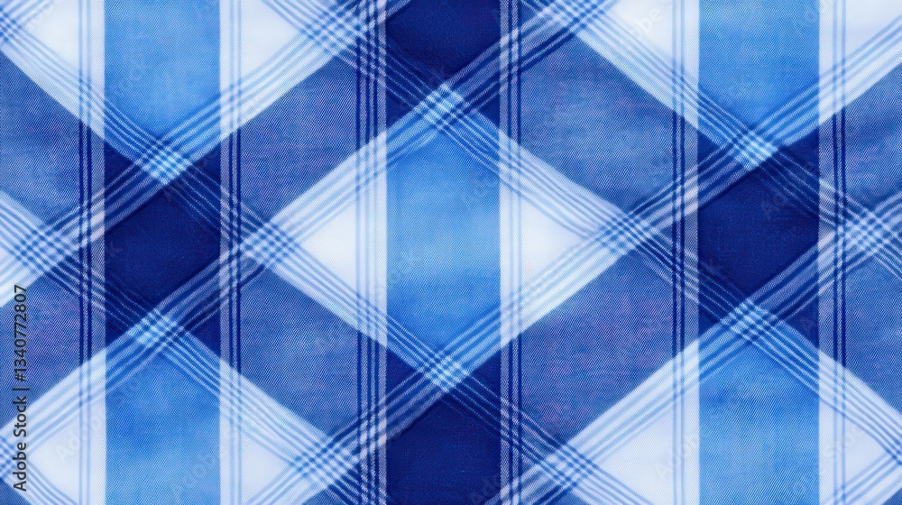 Poster a close-up view of a blue plaid pattern, featuring intersecting lines and geometric shapes in variou
