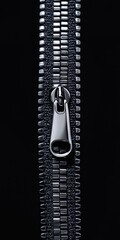 Close-up of a metallic zipper on a black fabric background.