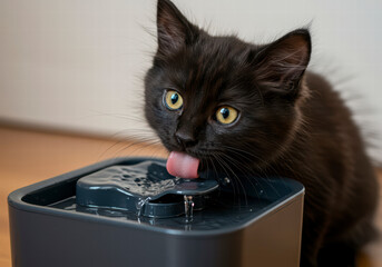 Adorable kitten drinking at pet fountain, showcasing domestic pet life