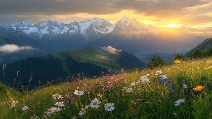 Fototapeta premium Idyllic alpine meadow with wildflowers and snow-capped peaks at golden hour