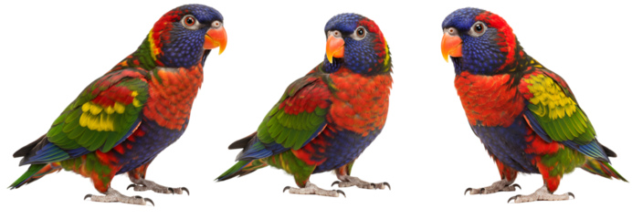 Three vibrant lorikeets perched side by side in a studio setting transparent background