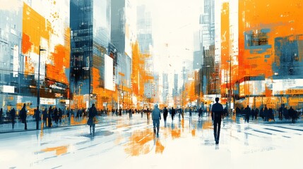 Obraz premium Abstract city street scene with walking pedestrians and tall buildings