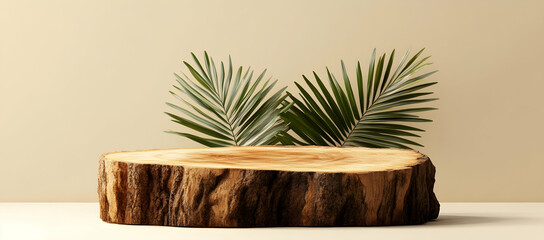 Abstract mockup podium with a wooden tree stump and palm leaf on a beige background