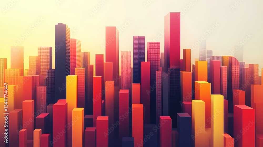Poster abstract cityscape with vibrant rectangular blocks in a stylized design