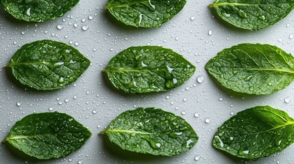 Obraz premium Fresh mint leaves with water droplets on a gray surface